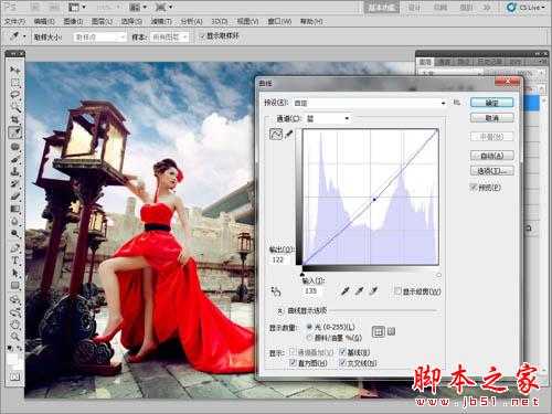 Photoshop为古建筑人物图片增加天空及美化教程