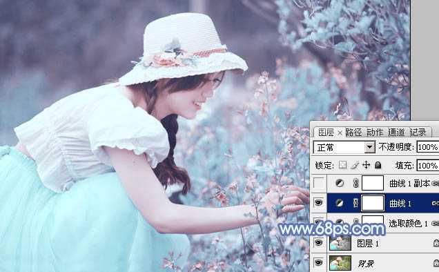 photoshop利用通道替换将花草中的美女调制出柔美的淡蓝色