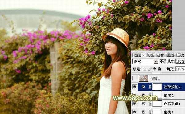 Photoshop将花草围墙边的美女图片调制柔和的韩系黄褐色