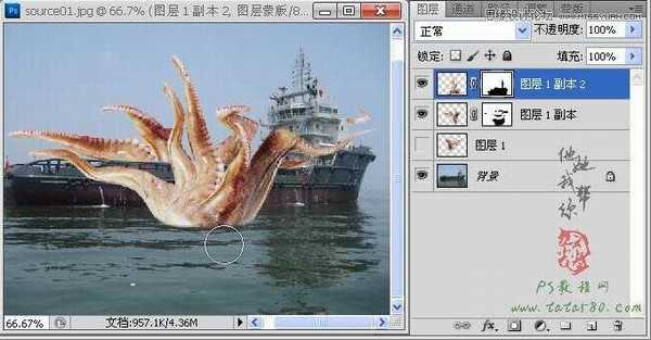 Photoshop合成史前大章鱼袭击轮船效果
