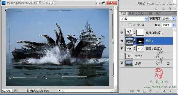 Photoshop合成史前大章鱼袭击轮船效果