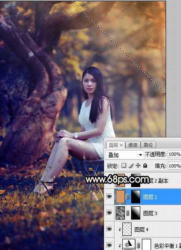 Photoshop调制出唯美的深秋暗黄色树林人物图片