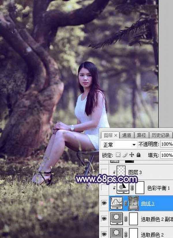 Photoshop调制出甜美清新的淡蓝色树林人物图片